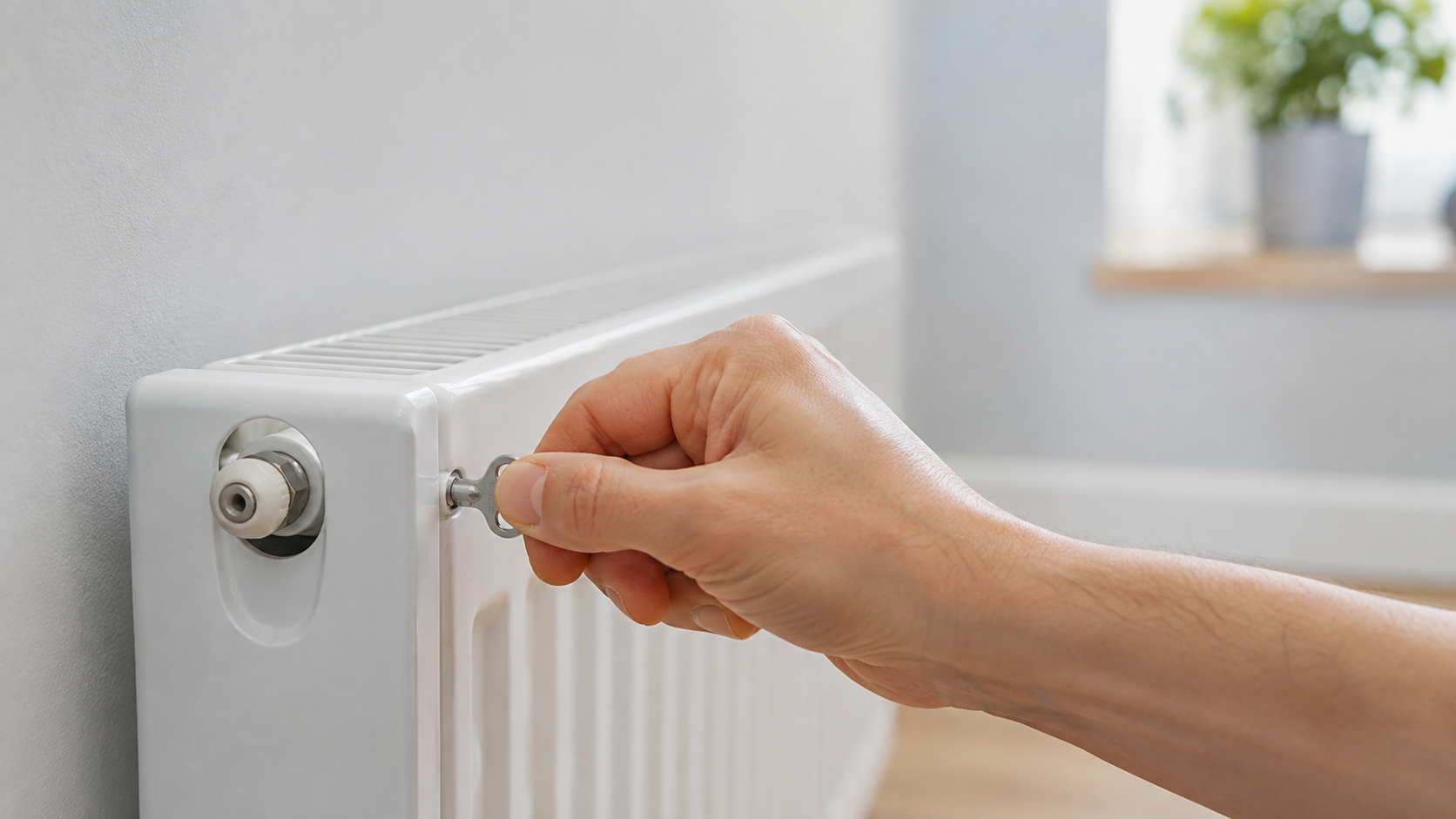 Ruka s odvzdušňovacím klíčem u ventilu radiátoru