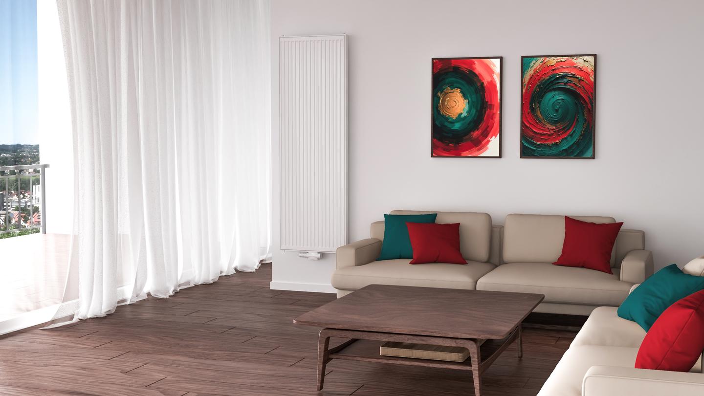 Bílý vertikální deskový radiátor RADIK PREMIUM typ 10 v obývacím pokoji