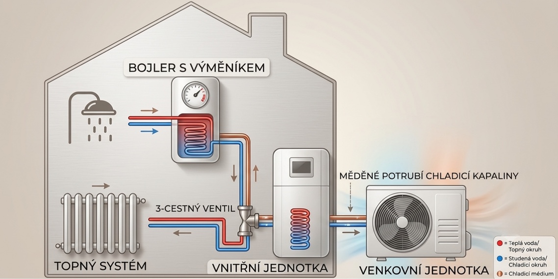 Schéma zapojení tepelného čerpadla v rodinném domě — venkovní a vnitřní jednotka, bojler s výměníkem a topný systém