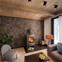 Krbová kamna VENTO – černá / dekor dřevo, výkon 3.0–6.3 kW (1)