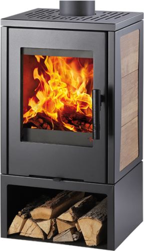 Krbová kamna VENTO – černá / dekor dřevo, výkon 3.0–6.3 kW